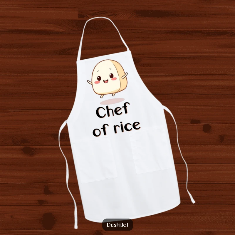 Funny Onigiri Apron: A smiling onigiri with tiny legs jumps enthusiastically, bringing fun to kitchen activities.