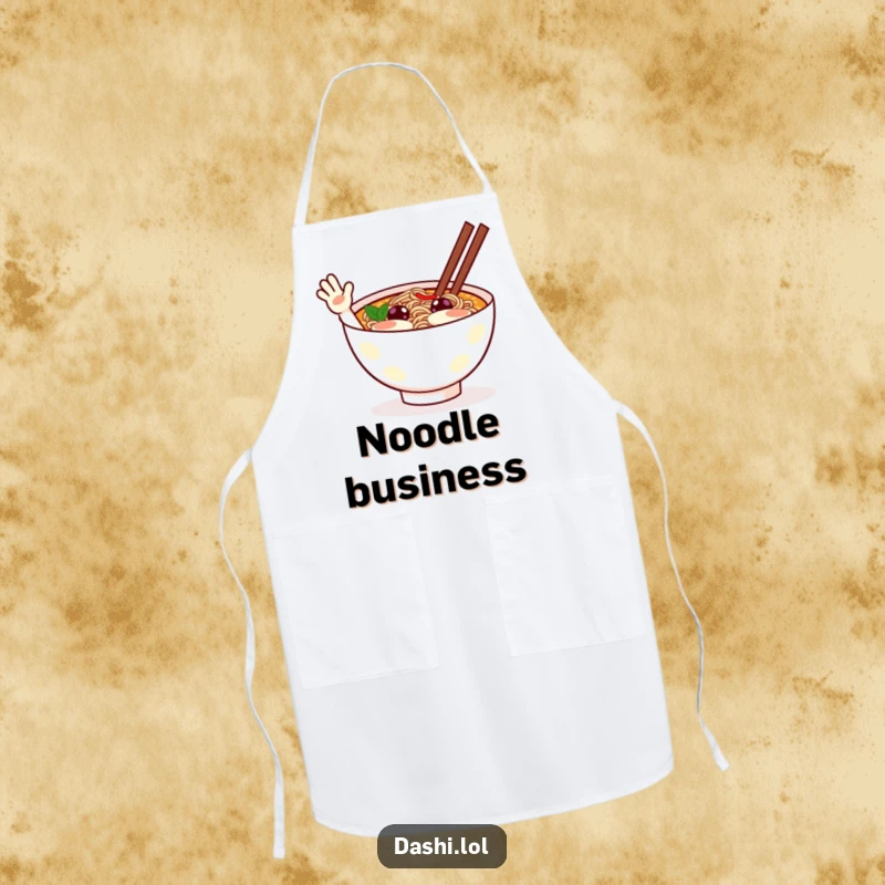 Funny ramen apron showing a cheerful ramen bowl character waving excitedly, adding humor and protection to the kitchen.