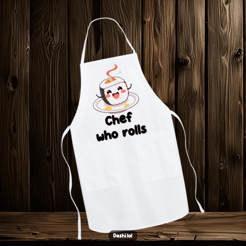 Funny Sushi Roll Apron: A cheerful sushi roll spins happily, bringing fun and flair to the chef's attire.