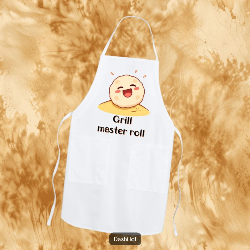 Funny Takoyaki Apron: A laughing takoyaki ball rolls happily, bringing fun and flair to the chef's attire.