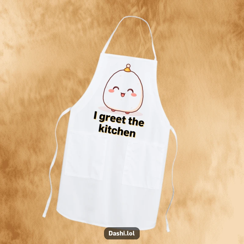 Funny Apron showing a bowing onigiri in a hat, an amusing accessory for anyone who loves Japanese food and culture.