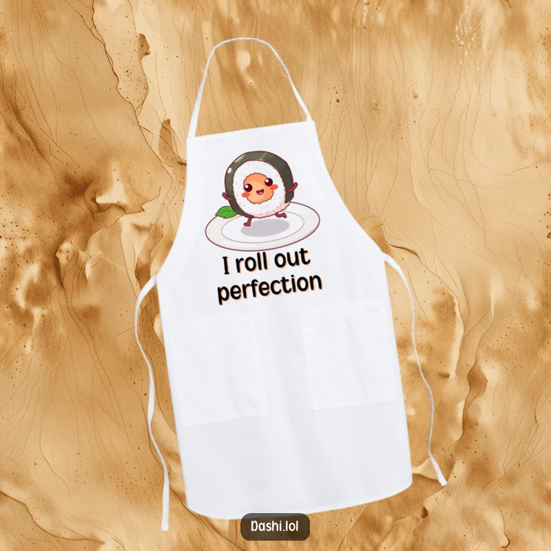 Funny Apron showing a cheerful sushi roll with tiny legs skipping, an amusing accessory for anyone who loves making sushi.
