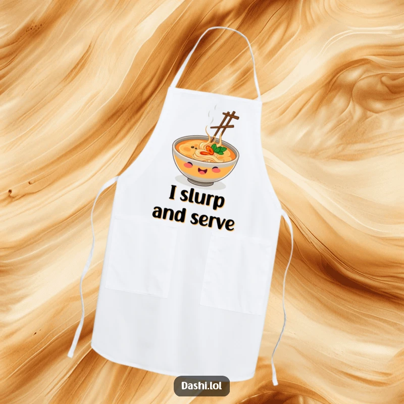 Funny Apron showing a smiling ramen bowl juggling chopsticks, an amusing accessory for anyone who loves cooking ramen.
