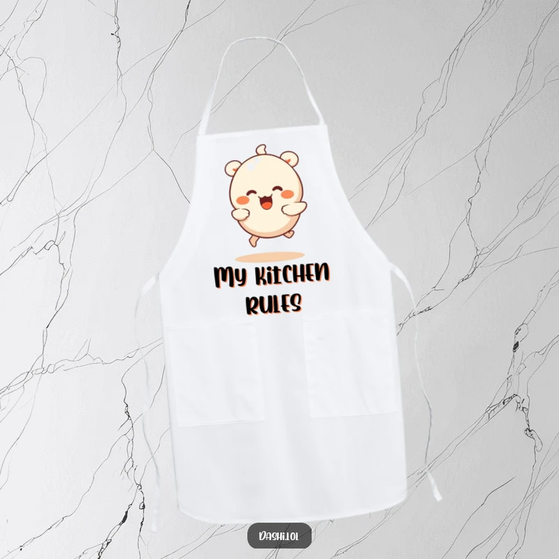Funny dumpling apron showing a wiggling dumpling with tiny legs running joyfully, adding humor and protection while cooking.