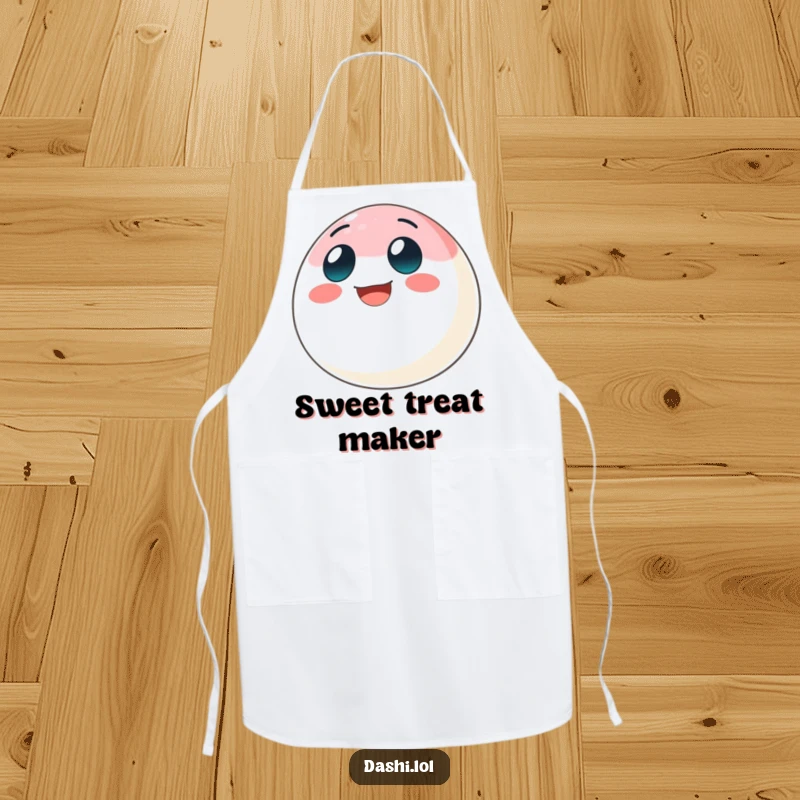 Funny mochi apron showing a bouncing mochi ball with a big grin, adding humor and protection to the kitchen.