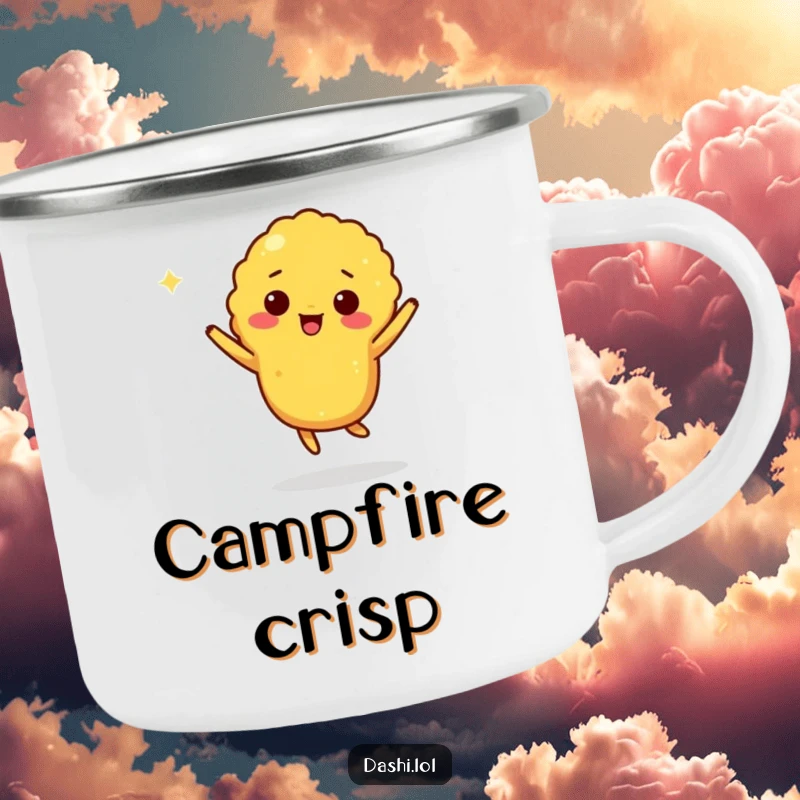 Funny tempura camping mug featuring a giddy tempura piece doing a jig, perfect for outdoor drinks.