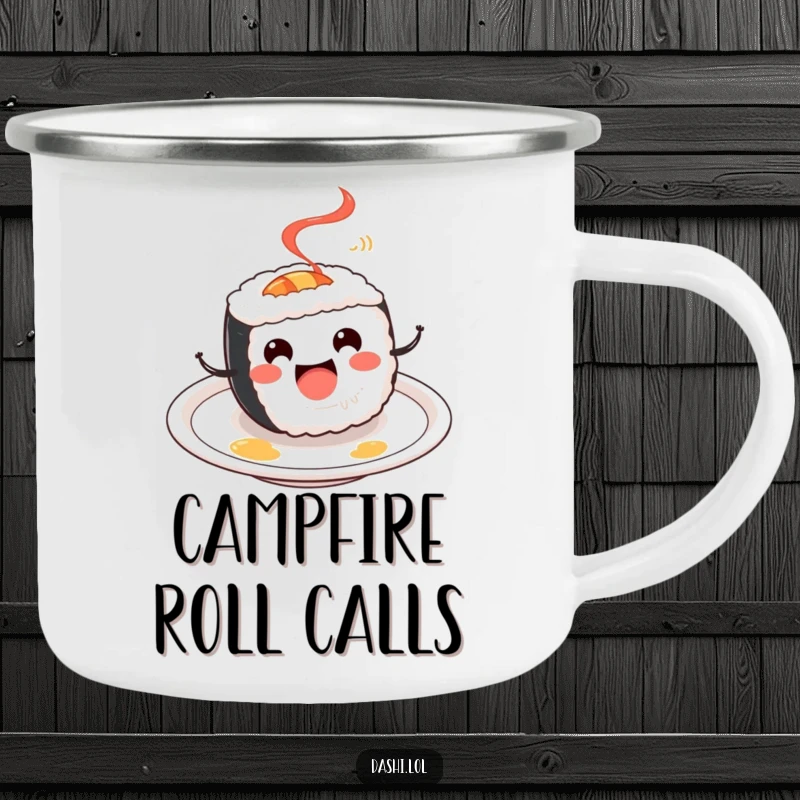 Funny Sushi Roll Camping Mug: A cheerful sushi roll happily spins, bringing portable joy and humor to outdoor settings.