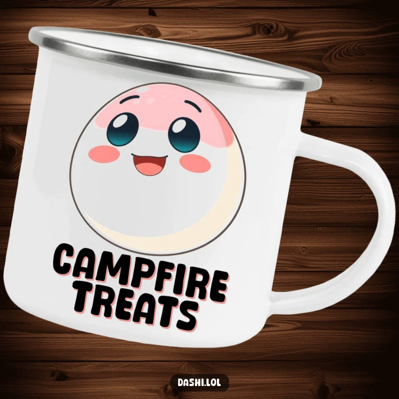 Funny mochi camping mug featuring a bouncing mochi ball with a big grin, perfect for outdoor drinks.