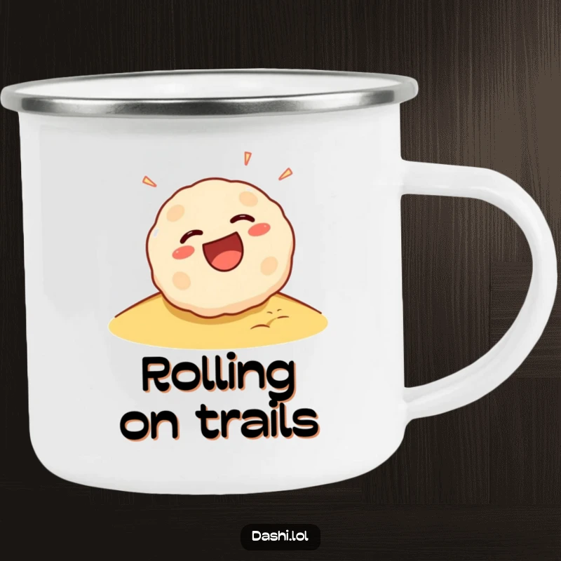 Funny Takoyaki Camping Mug: A laughing takoyaki ball rolls down a slope, bringing portable joy and humor to the outdoors.
