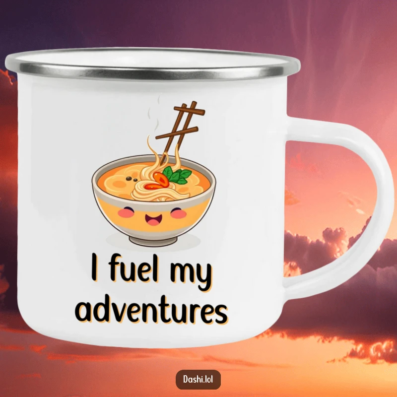 Funny Camping Mug with a smiling ramen bowl juggling chopsticks, perfect for outdoor enjoyment and food humor.