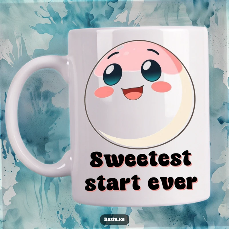 Funny mochi mug featuring a bouncing mochi ball character with a big grin, radiating pure happiness and fun.