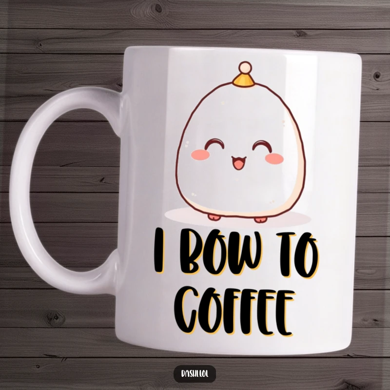 Funny Mug featuring a delighted onigiri with a small hat, playfully bowing low, celebrating politeness and humor.