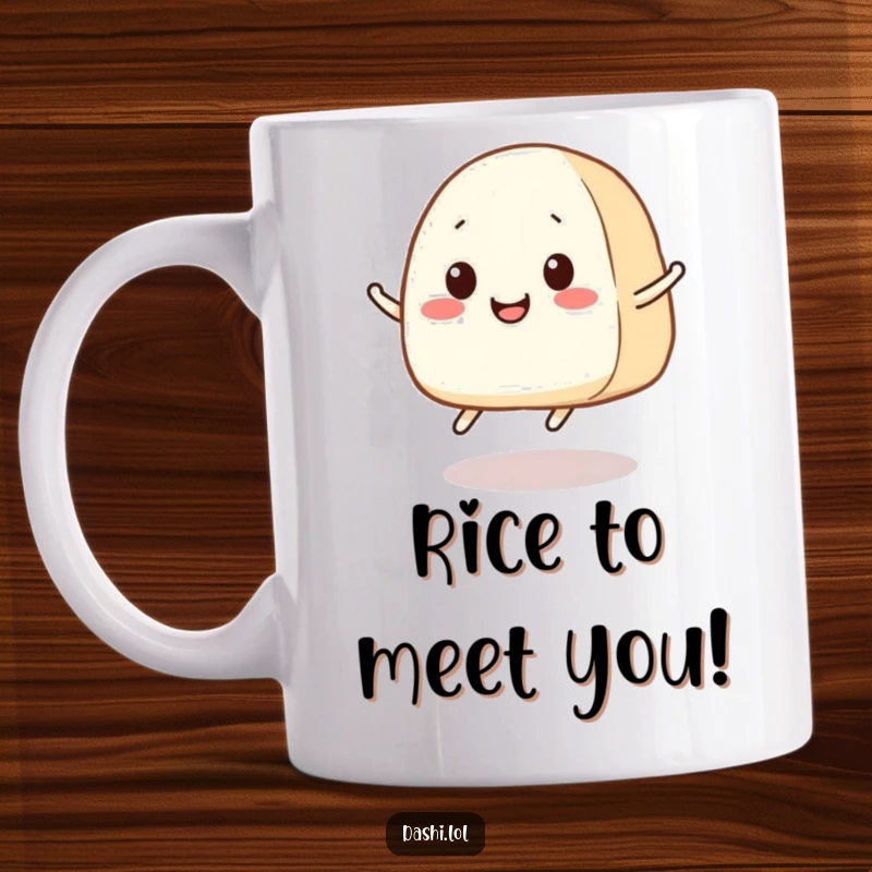 Funny Onigiri Mug: A smiling rice ball with tiny legs jumps with pure joy, spreading laughter and happiness.