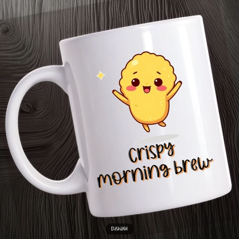 Funny tempura mug featuring a giddy tempura piece doing a lively jig, radiating crunchy happiness and festive fun.