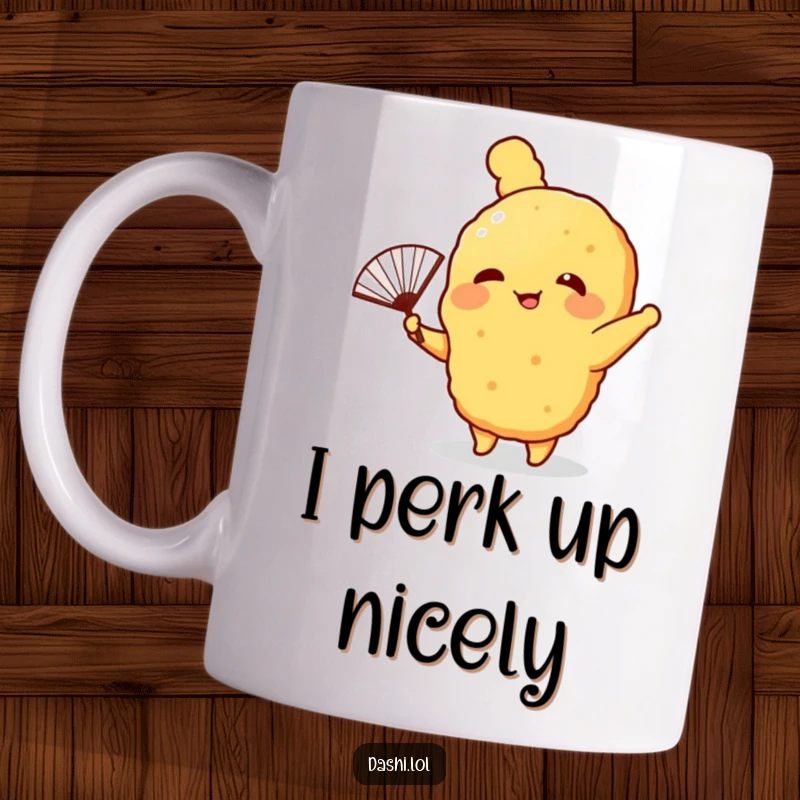Funny Mug featuring a giggling tempura with tiny arms waving a tiny paper fan, celebrating crispy delight and humor.