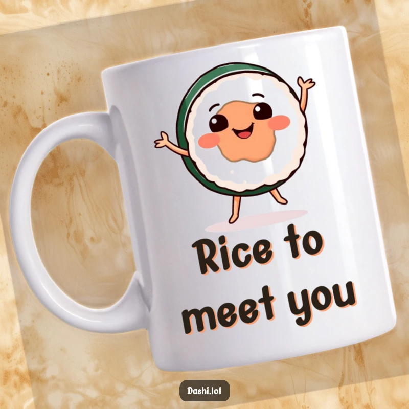 Funny sushi mug featuring a smiling, round sushi piece enthusiastically dancing, radiating pure happiness and deliciousness.