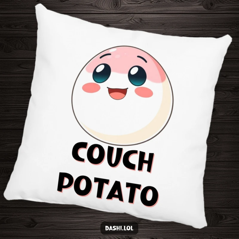 Funny mochi pillow featuring a bouncing mochi ball with a big grin, offering comfort and a humorous accent.