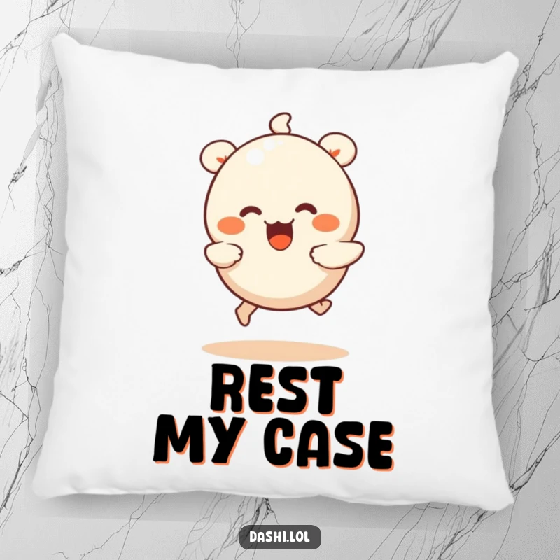Funny dumpling pillow featuring a wiggling dumpling with tiny legs running joyfully, providing comfort and a humorous accent.