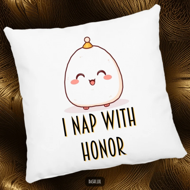 Funny Pillow featuring a delighted onigiri with a hat, bowing low, providing a humorous and comfy addition to seating.