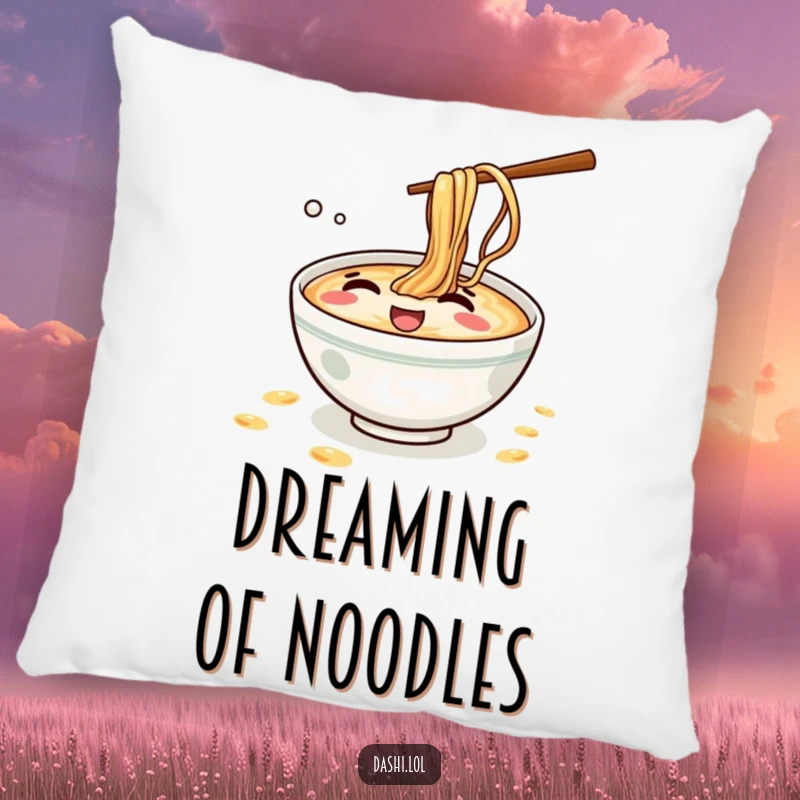 Funny Ramen Pillow: A mischievous ramen bowl giggles while splashing tiny noodles, offering a plush and humorous decorative piece.