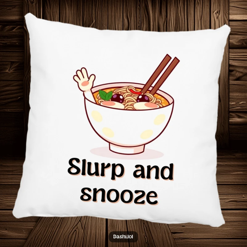 Funny ramen pillow featuring a cheerful ramen bowl character waving excitedly, offering comfort and a humorous accent.