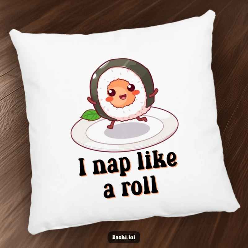 Funny Pillow featuring a cheerful sushi roll with tiny legs skipping, providing a humorous and comfy addition to seating.