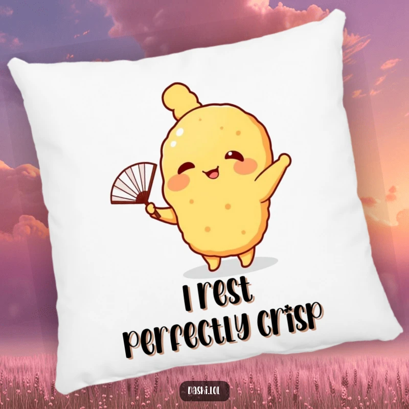 Funny Pillow featuring a giggling tempura with tiny arms waving a fan, providing a humorous and comfy addition to seating.
