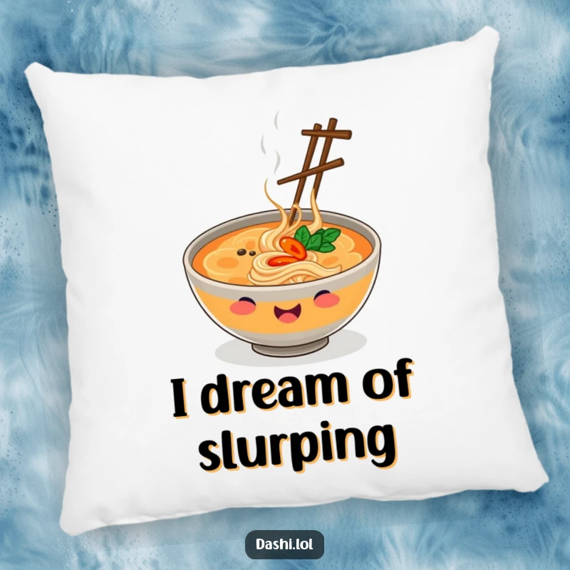 Funny Pillow featuring a happy ramen bowl masterfully juggling chopsticks, providing a humorous and comfy addition to seating.