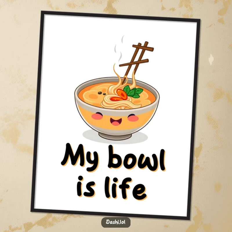 Funny Digital Art Print of a smiling ramen bowl juggling chopsticks, an appetizing and humorous addition to wall decor.