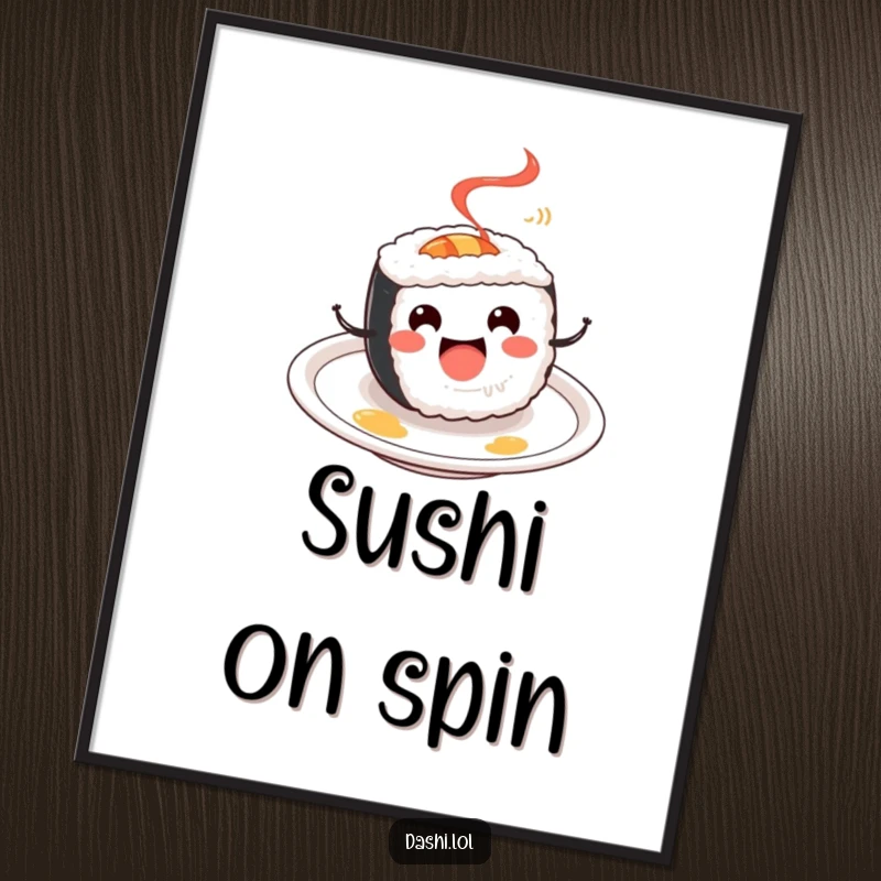 Funny Sushi Roll Digital Art: A cheerful sushi roll spins happily on a plate, capturing a moment of pure, spinning joy.
