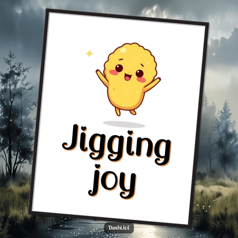 Funny tempura digital art print of a giddy tempura piece doing a lively jig, ready to bring smiles.