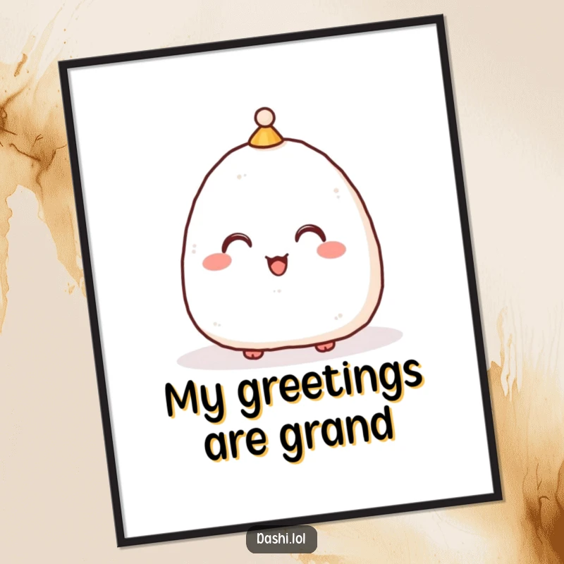 Funny Digital Art Print of an onigiri with a hat bowing, adding polite humor and cultural charm to wall decor.