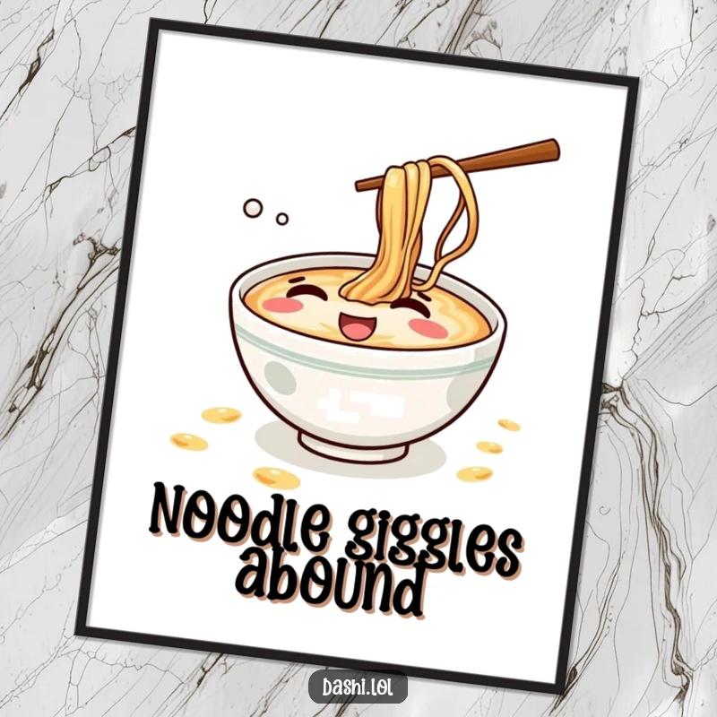 Funny Ramen Digital Art: A mischievous ramen bowl giggles while splashing tiny noodles, capturing a moment of pure, playful fun.
