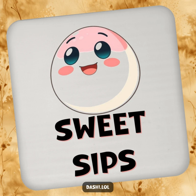 Funny mochi coasters showing a bouncing mochi ball with a big grin, adding humor to drink protection.