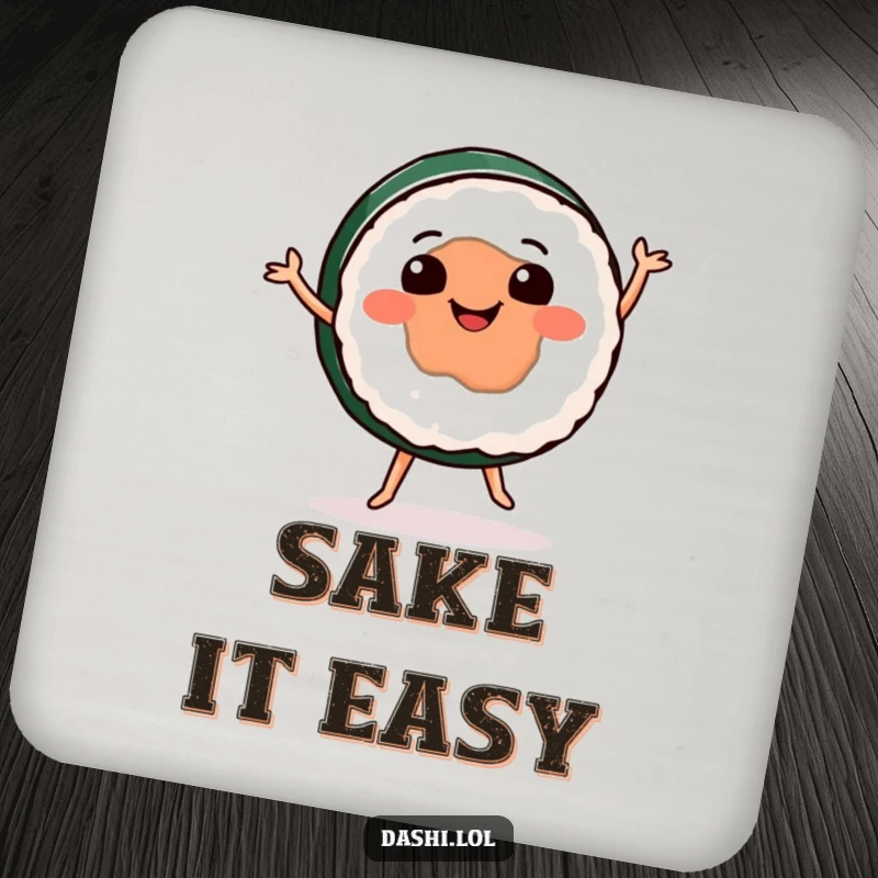Funny sushi coasters showcasing a smiling sushi character doing a happy dance, adding humor to drink protection.