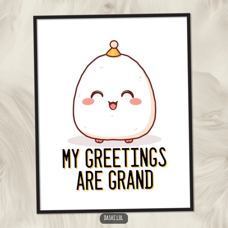 Funny Poster of a delighted onigiri with a small hat, bowing low, adding playful humor and cultural charm to wall art.