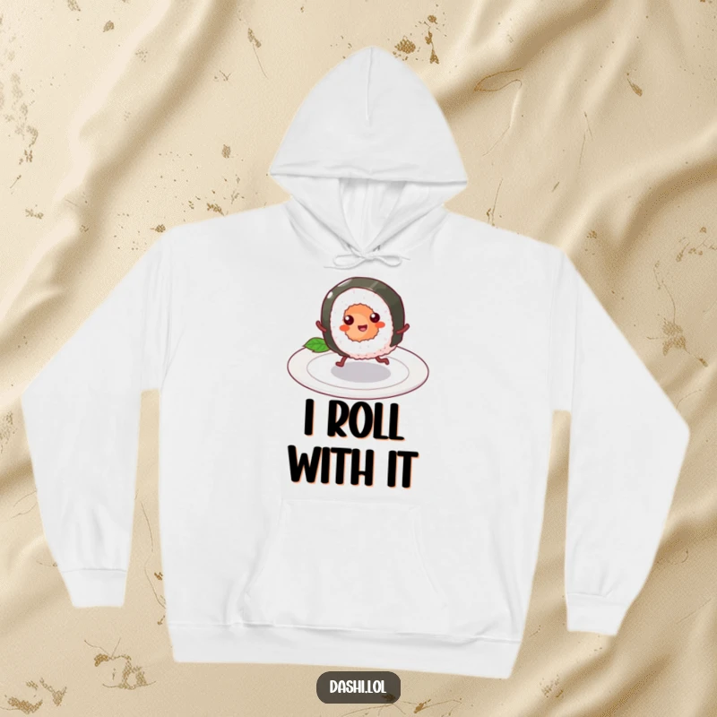 Funny Hoodie showcasing a cheerful sushi roll with tiny legs happily skipping, perfect for cozy and humorous wear.