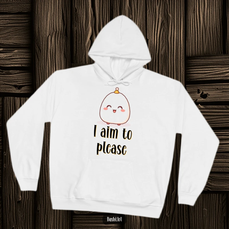 Funny Hoodie showcasing a delighted onigiri in a hat, bowing low, perfect for cozy and humorous wear.
