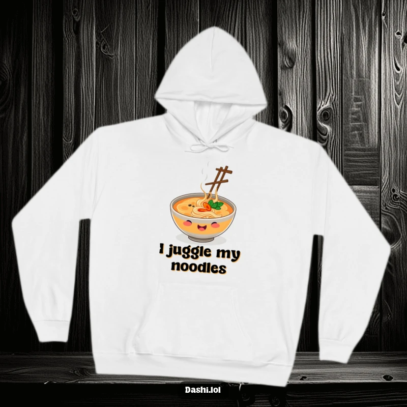 Funny Hoodie featuring a smiling ramen bowl mastering chopsticks juggling, ideal for chilly weather and food-related fun.