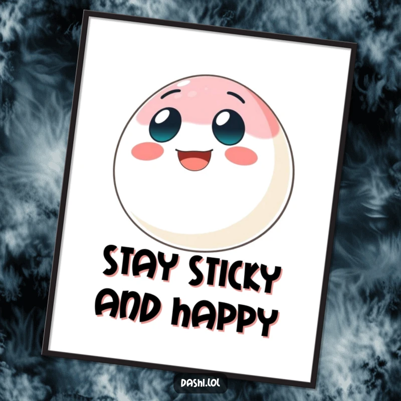 Funny Free Printable Wall Art of a round mochi ball bouncing with joy and sporting a wide, cheerful grin.