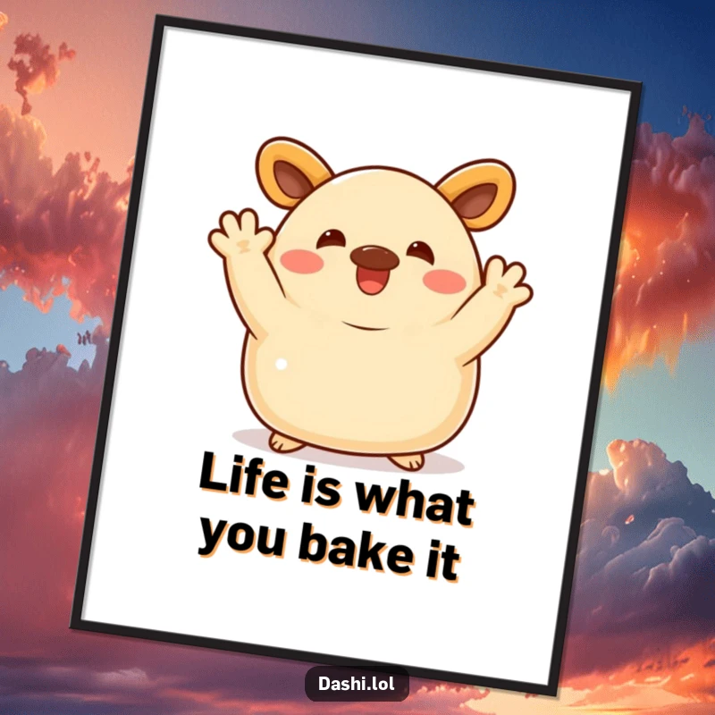 Funny Free Printable Wall Art: A cheerful bao bun with tiny arms waving enthusiastically, radiating pure delight.