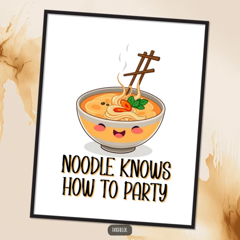Funny free printable wall art: A cheerful steaming ramen bowl humorously juggling several small chopsticks, creating a fun dining atmosphere.