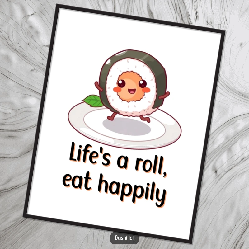 Funny free printable wall art: A cheerful sushi roll with tiny legs happily skipping across a plate, bringing joy and movement.