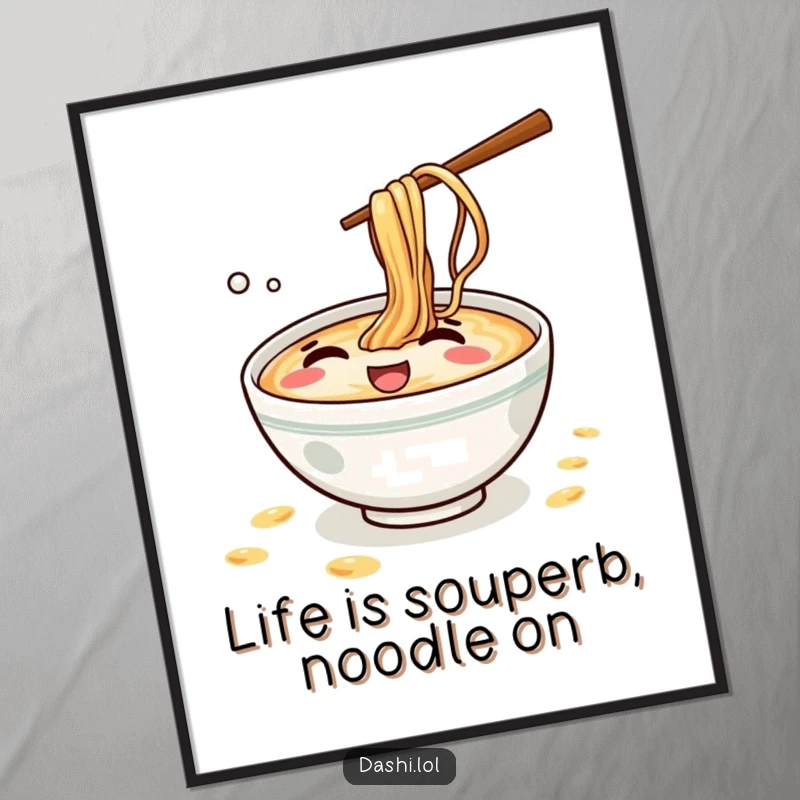 Funny Free Printable Wall Art: A ramen bowl with a mischievous smile giggling while splashing tiny noodles with glee.