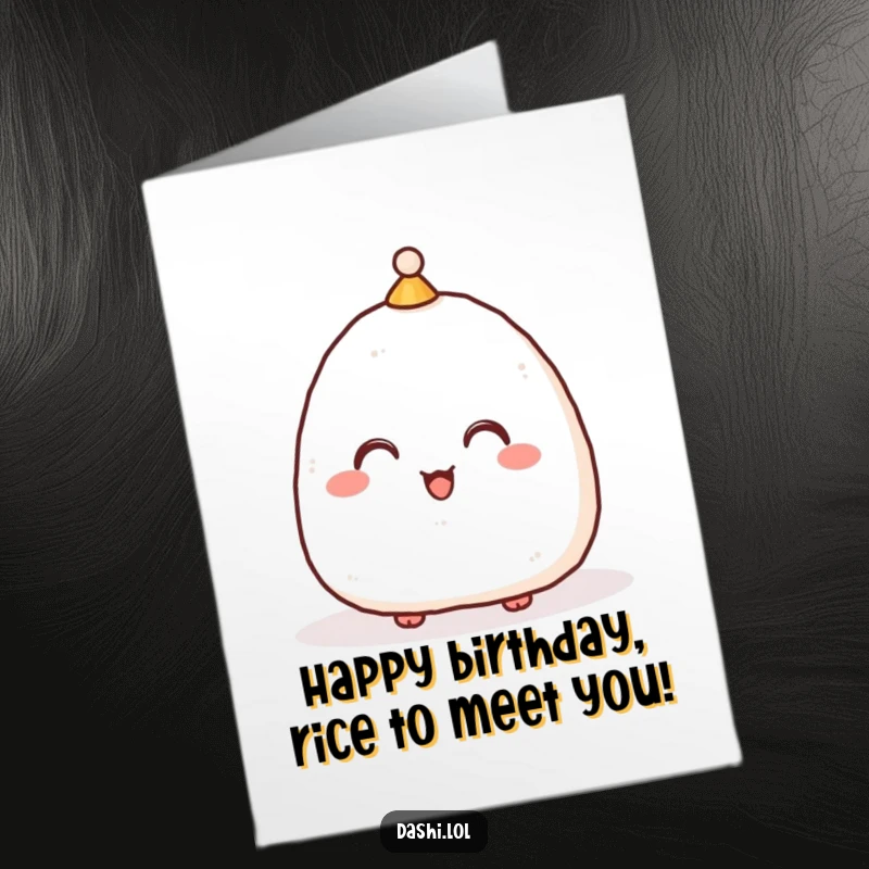 Funny free printable birthday card: A delighted onigiri wearing a small hat playfully bowing low with respect and good wishes.