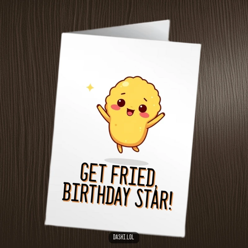 Funny Free Printable Birthday Card showing a delighted piece of tempura doing a cheerful, energetic little jig.