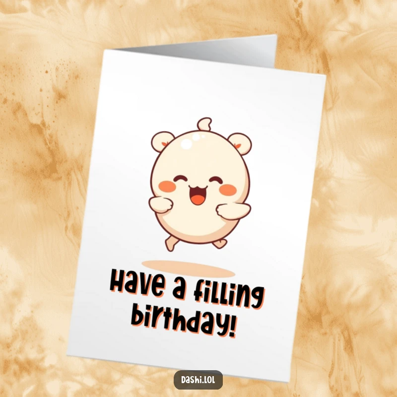 Funny Free Printable Birthday Card showing a cute dumpling with tiny legs running super fast, full of birthday energy.
