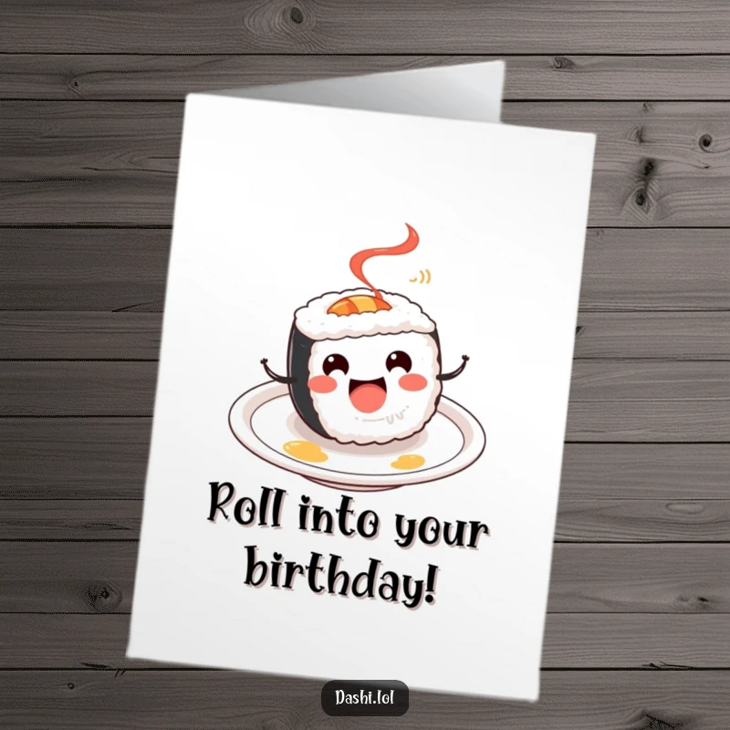 Funny Free Printable Birthday Card: A cheerful sushi roll happily spinning in circles on a decorative plate.