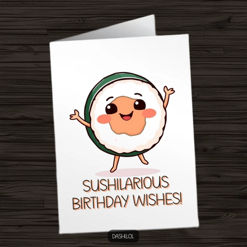 Funny Free Printable Birthday Card featuring a smiling sushi roll doing a joyous happy dance, ready to party.
