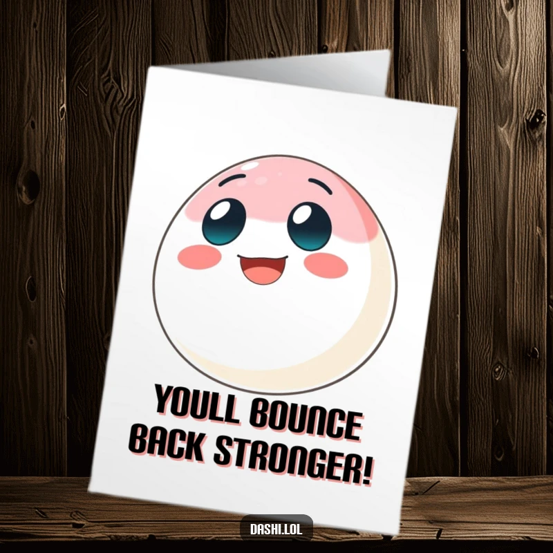 Funny Free Printable Congratulations Card of a grinning mochi ball bouncing with excitement, celebrating an achievement.